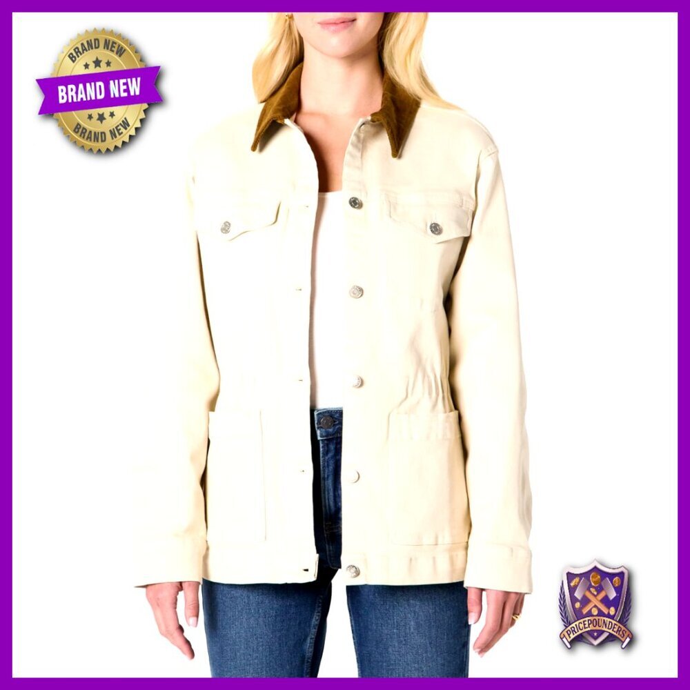 Regular Fit Denim Jacket Cinched Waist Vintage Workwear Style Corduroy Collar